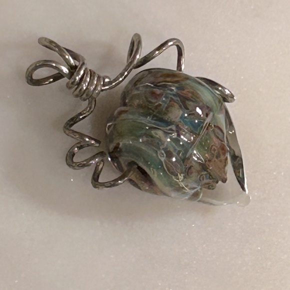 Heart Shaped Glass Blown Pendant Hand Crafted Green Blue Tan - Picture 10 of 11